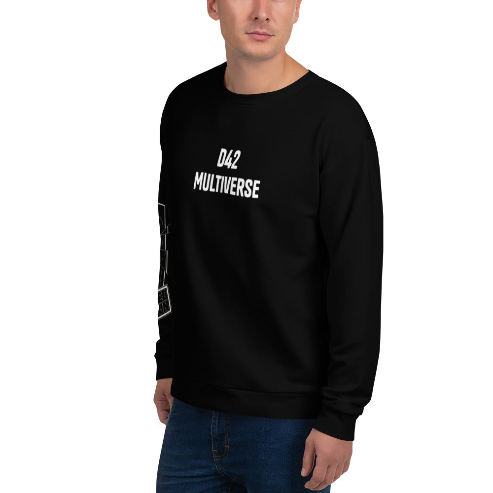 Shattered Woman Sweater All over Print – Frontansicht links, schwarz mit Shattered Woman auf rechten Arm | D42 Multiverse
