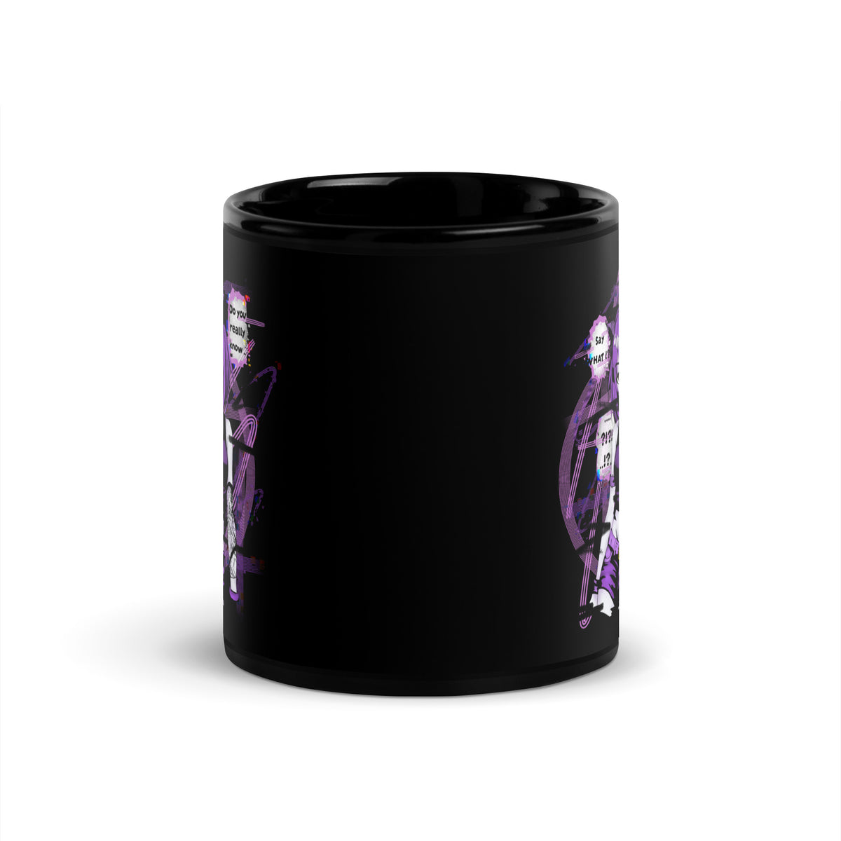 Schwarze D42 Tasse mit violettem Anime-Catgirl, Cyberpunk- und Glitch-Elementen sowie mehreren chaotischen Speech-Bubbles. Mitte