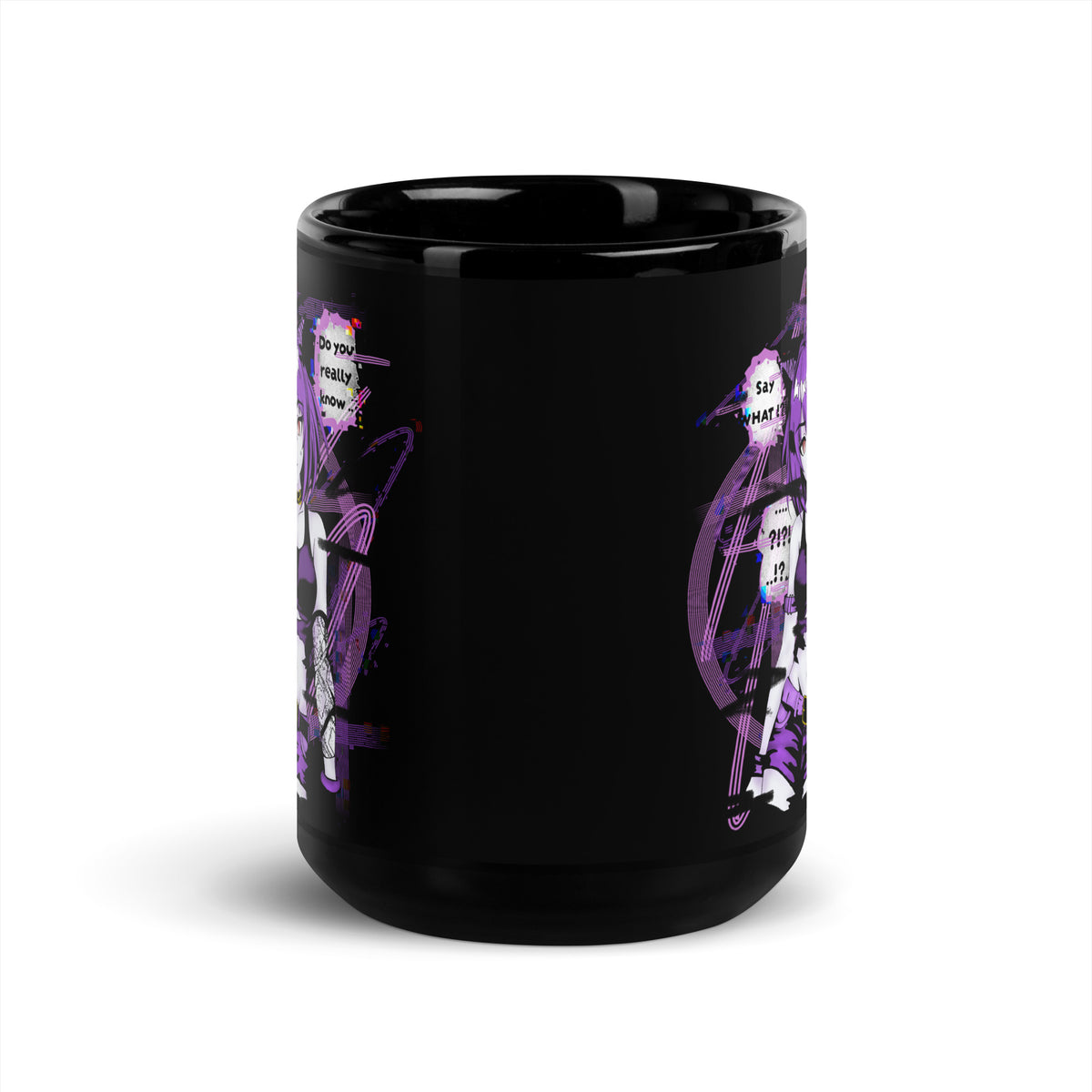 Schwarze D42 Tasse mit violettem Anime-Catgirl, Cyberpunk- und Glitch-Elementen sowie mehreren chaotischen Speech-Bubbles. 15oz mitte