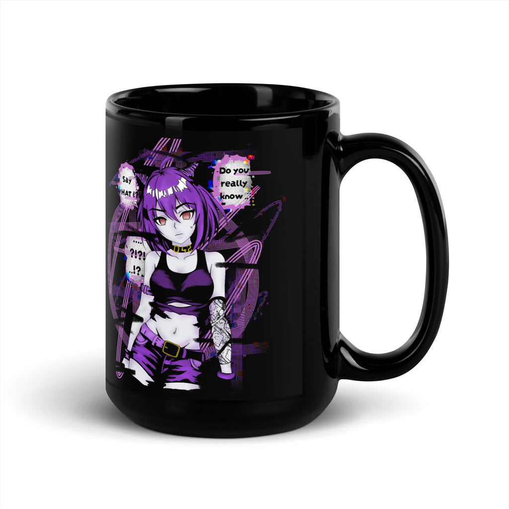 Schwarze D42 Tasse mit violettem Anime-Catgirl, Cyberpunk- und Glitch-Elementen sowie mehreren chaotischen Speech-Bubbles. 15oz hinten