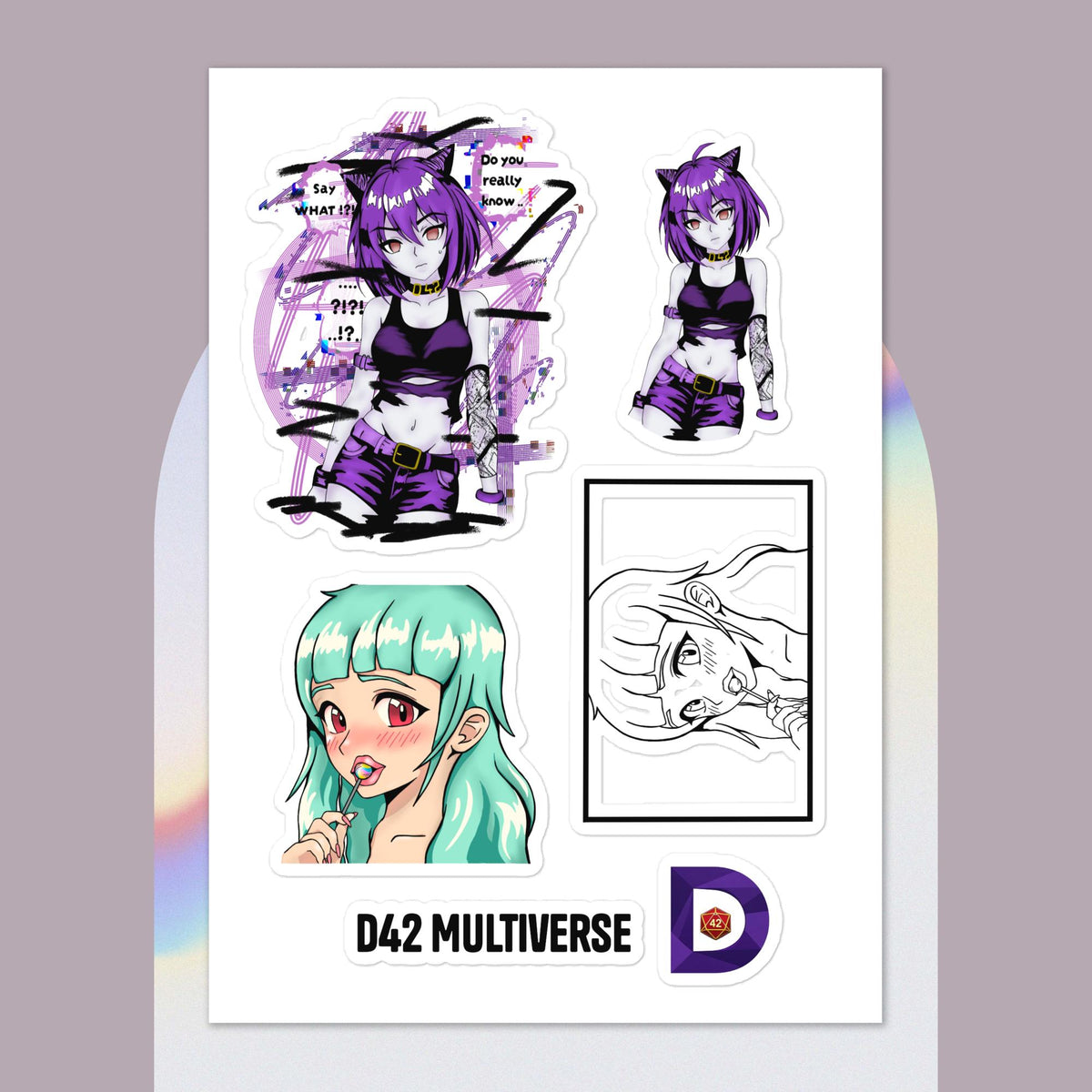 D42 Multiverse Anime Sticker Bogen Kiss-Cut Sheet Cyberpunk Catgirl mit/ ohne Sprechblasen und Anime Lolligirl + farbig Aufkleber Set