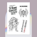 D42 Dark Thoughts Sticker Sheet mit vier schwarz-weißen Gothic-Stickern: geflügeltes Skelett, alternative Elfin-Illustration sowie Overthinking- und Body-Statements.