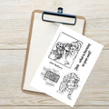 D42 Sticker Sheet mit vier schwarz-weißen Dark-Art-Motiven: drei Figuren mit Skelett, „Thanks for the Trauma“, Dark-Elv-Illustration und Statement-Schriftzug auf Klemmbrett