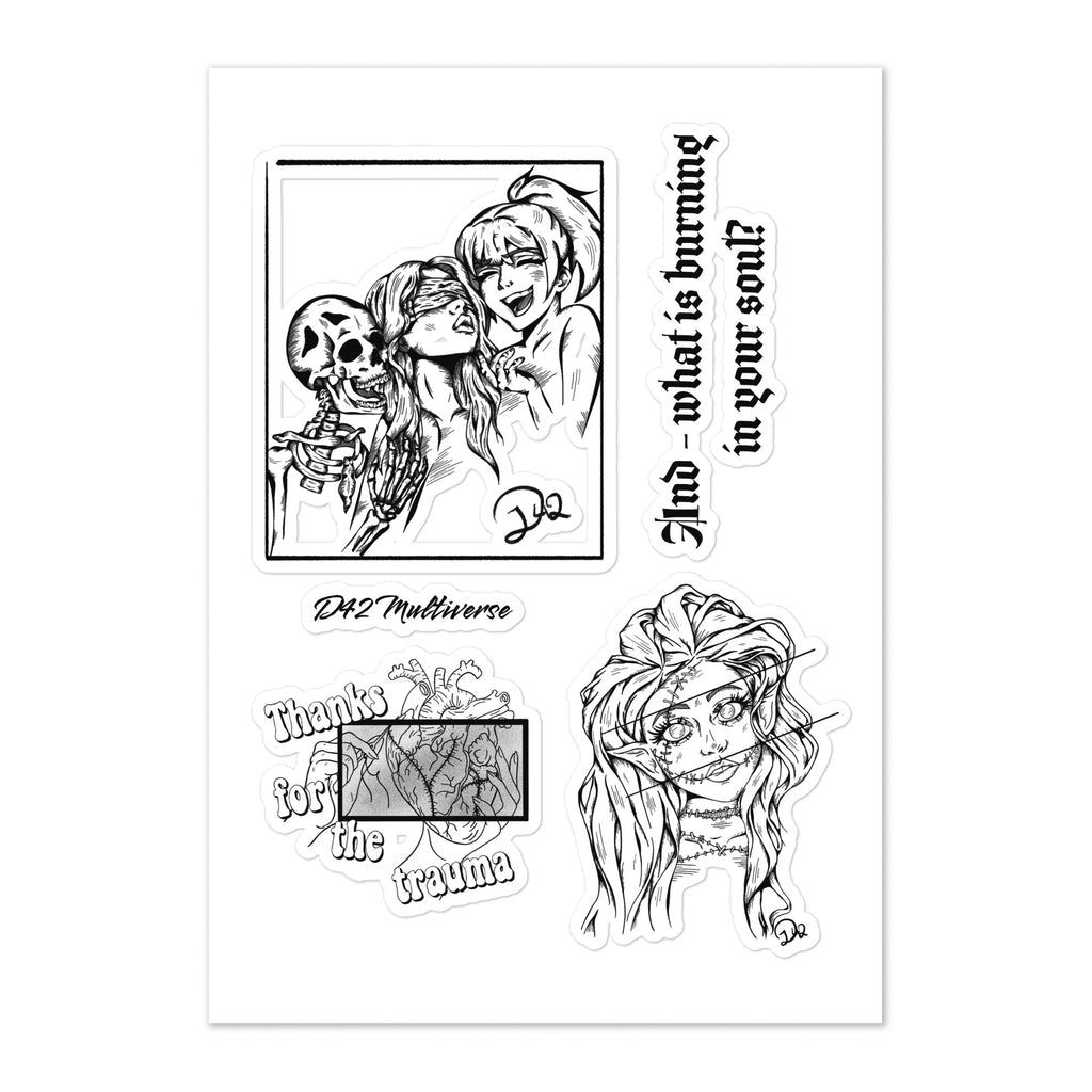 D42 Sticker Sheet mit vier schwarz-weißen Dark-Art-Motiven: drei Figuren mit Skelett, „Thanks for the Trauma“, Dark-Elv-Illustration und Statement-Schriftzug