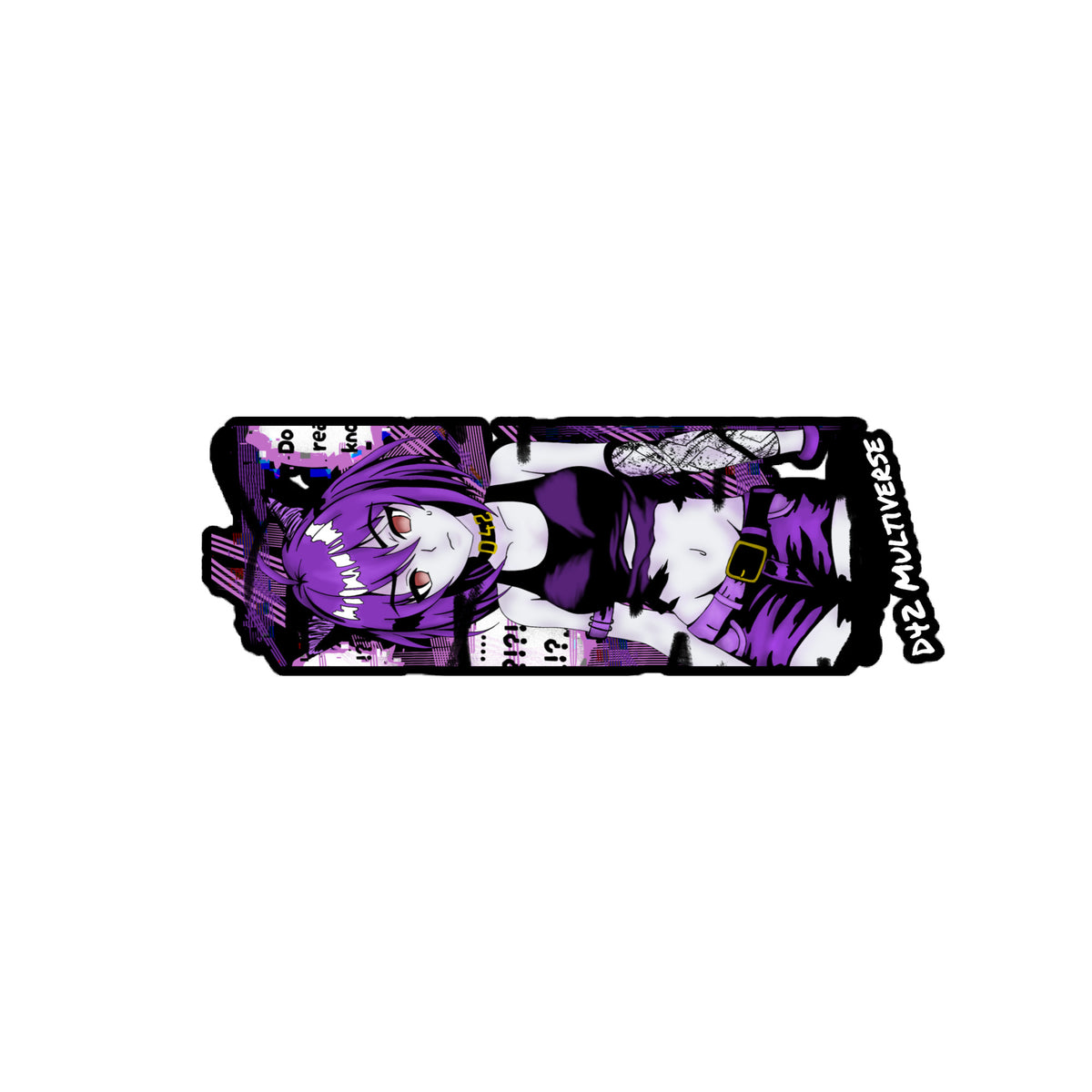 D42 Multiverse Cyberpunk Anime Catgirl Vinyl Sticker wasserfester Aufkleber lila schwarz glitch design 15x3.75 mit sprechblasen als kiss cut