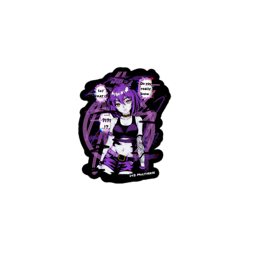 D42 Multiverse Cyberpunk Anime Catgirl Vinyl Sticker wasserfester Aufkleber lila schwarz glitch design 3x3 mit sprechblasen als kiss cut