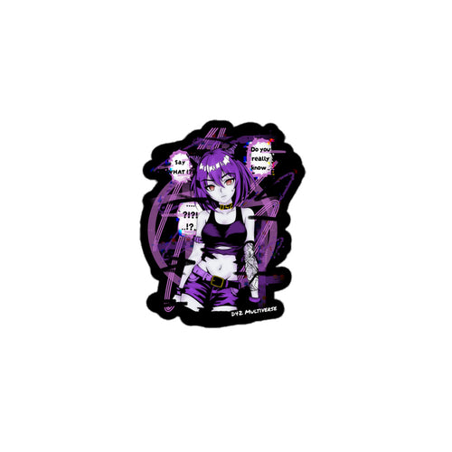 D42 Multiverse Cyberpunk Anime Catgirl Vinyl Sticker wasserfester Aufkleber lila schwarz glitch design 3x3 mit sprechblasen als kiss cut