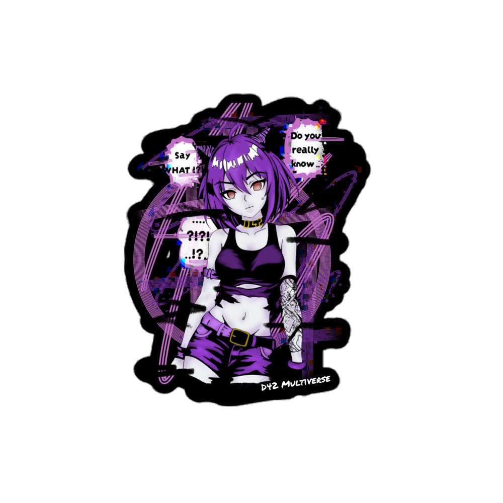 D42 Multiverse Cyberpunk Anime Catgirl Vinyl Sticker wasserfester Aufkleber lila schwarz glitch design 4x4 mit sprechblasen als kiss cut