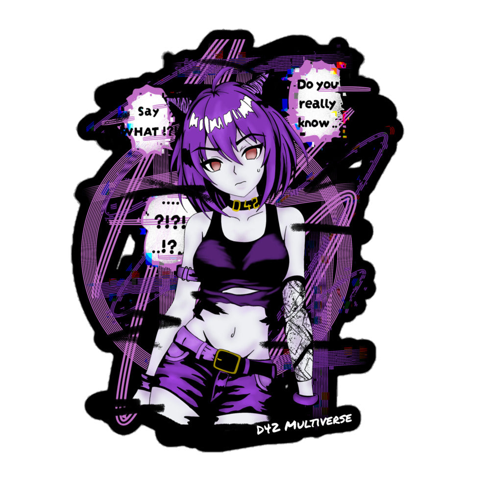 D42 Multiverse Cyberpunk Anime Catgirl Vinyl Sticker wasserfester Aufkleber lila schwarz glitch design 5.5x5.5 mit sprechblasen als kiss cut