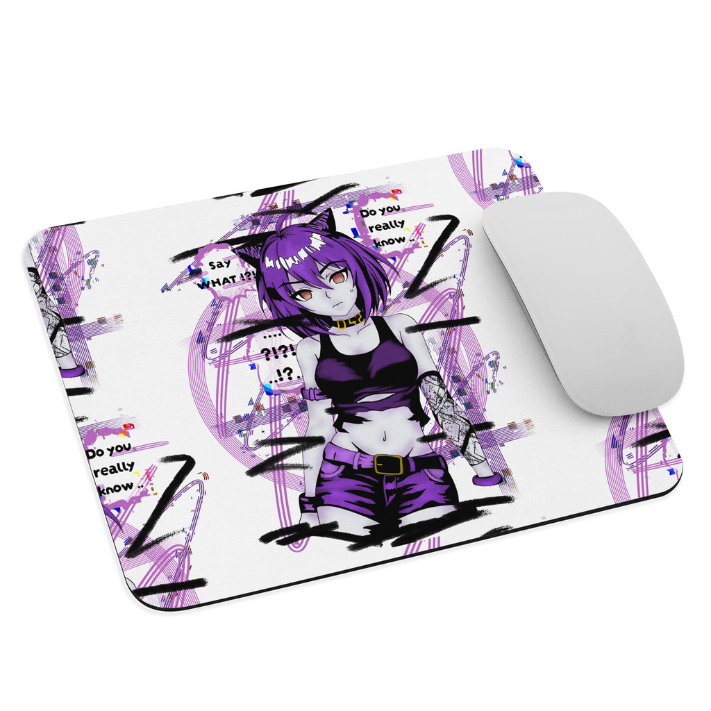 D42 Multiverse Cyberpunk Anime Catgirl Gaming Mauspad lila schwarz glitch design mit Maus 