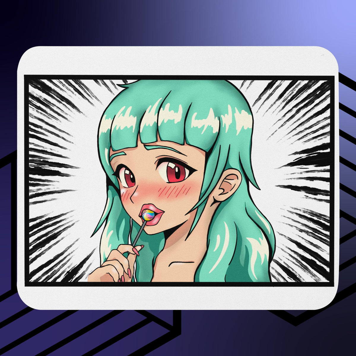 Weißes D42 Mousepad mit großem Anime-Lolligorl-Motiv einer türkishaarigen Manga-Figur vor schwarz-weißem Manga-Hintergrund