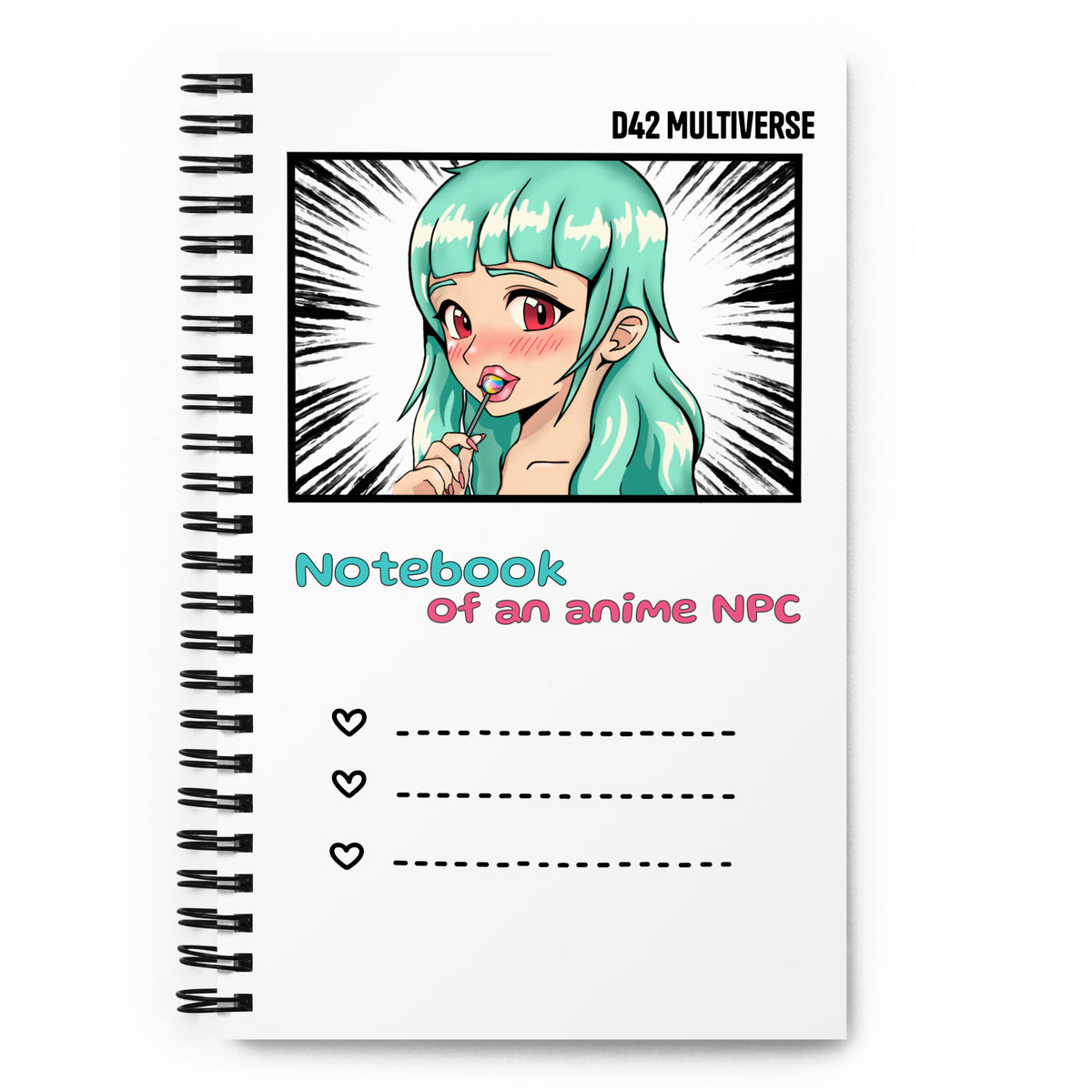 Weißes D42 Spiralnotizbuch mit Manga-inspirierter Illustration eines türkishaarigen Anime-Charakters und dem Schriftzug „Notebook of an anime NPC“