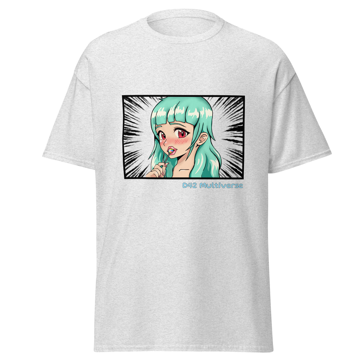 D42 T-Shirt mit farbigem Anime-Lolligirl-Motiv einer türkishaarigen Manga-Figur, schwarzemManga-Hintergrund und D42 Multiverse Schriftzug grau
