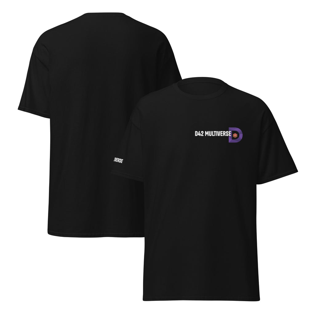 D42 T-Shirt – Logo & Name mit rechten Sleeveprint in Schwarz, Front- und Rückansicht | D42 Multiverse