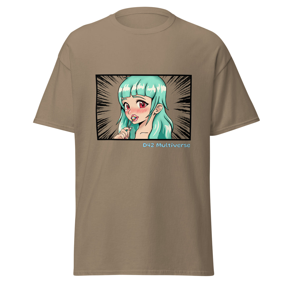 D42 T-Shirt mit farbigem Anime-Lolligirl-Motiv einer türkishaarigen Manga-Figur, schwarzemManga-Hintergrund und D42 Multiverse Schriftzug savana