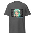 D42 T-Shirt mit farbigem Anime-Lolligirl-Motiv einer türkishaarigen Manga-Figur, schwarzemManga-Hintergrund und D42 Multiverse Schriftzug dunkles Grau