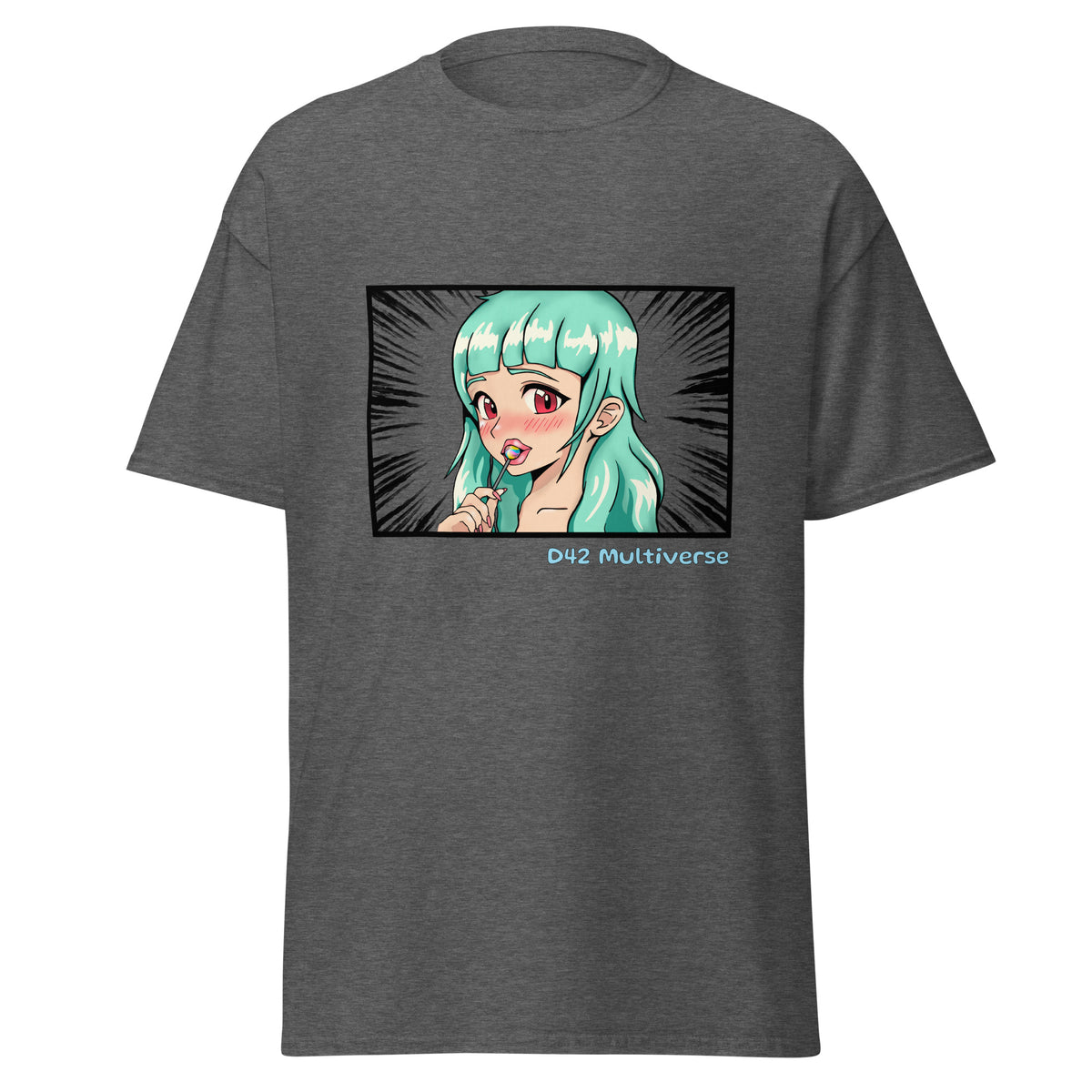 D42 T-Shirt mit farbigem Anime-Lolligirl-Motiv einer türkishaarigen Manga-Figur, schwarzemManga-Hintergrund und D42 Multiverse Schriftzug dunkles Grau