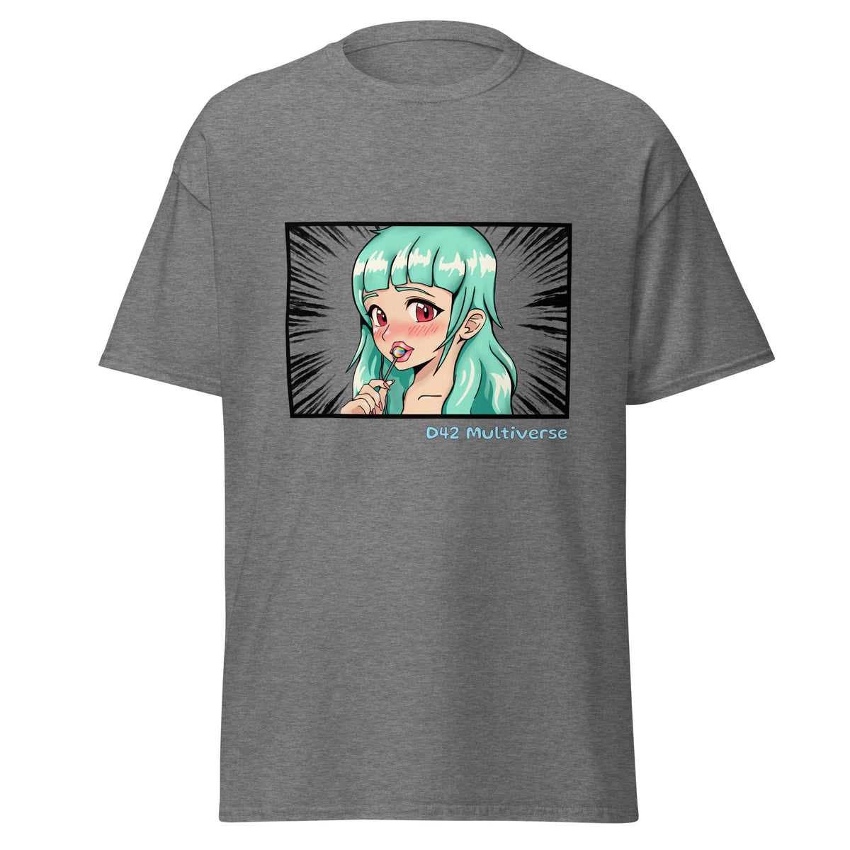 D42 T-Shirt mit farbigem Anime-Lolligirl-Motiv einer türkishaarigen Manga-Figur, schwarzemManga-Hintergrund und D42 Multiverse Schriftzug dunkelgrau