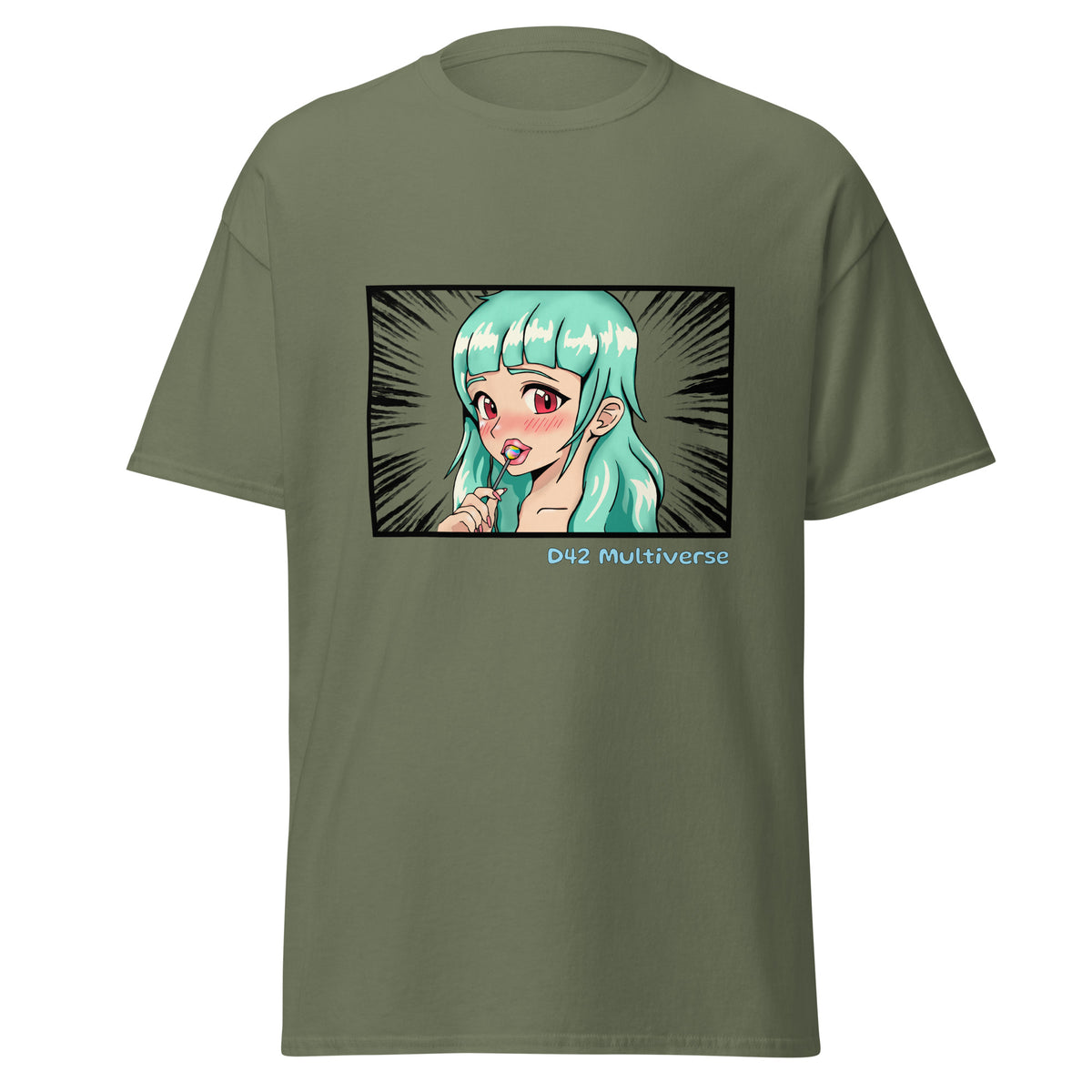 D42 T-Shirt mit farbigem Anime-Lolligirl-Motiv einer türkishaarigen Manga-Figur, schwarzemManga-Hintergrund und D42 Multiverse Schriftzug militärgrün