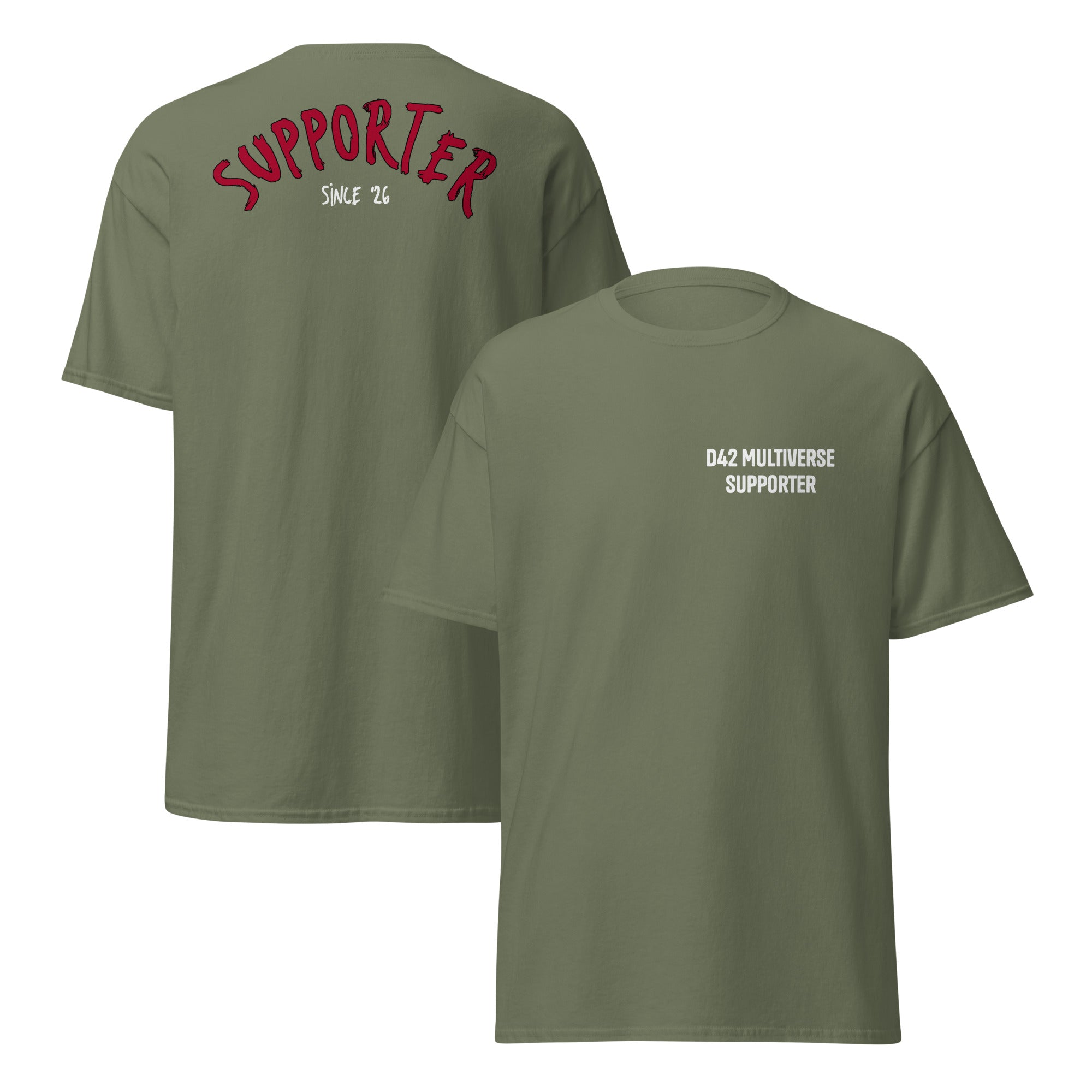 D42 Limited Edition T-Shirt #1 – Front- & Rückansicht Militärgrün | D42 Multiverse