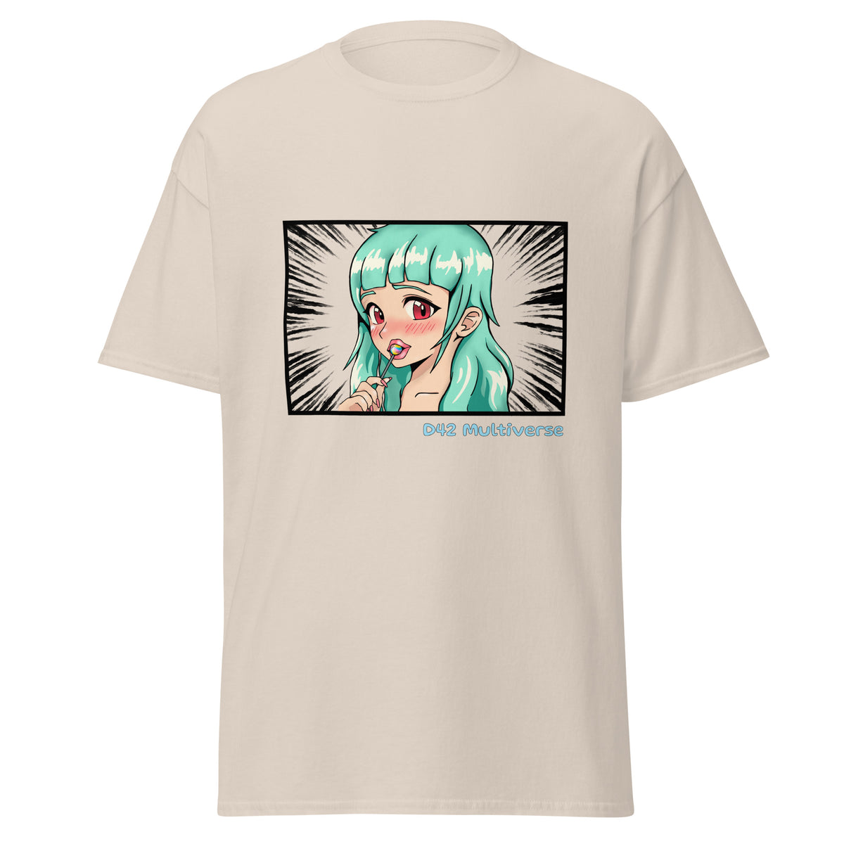 D42 T-Shirt mit farbigem Anime-Lolligirl-Motiv einer türkishaarigen Manga-Figur, schwarzemManga-Hintergrund und D42 Multiverse Schriftzug sand