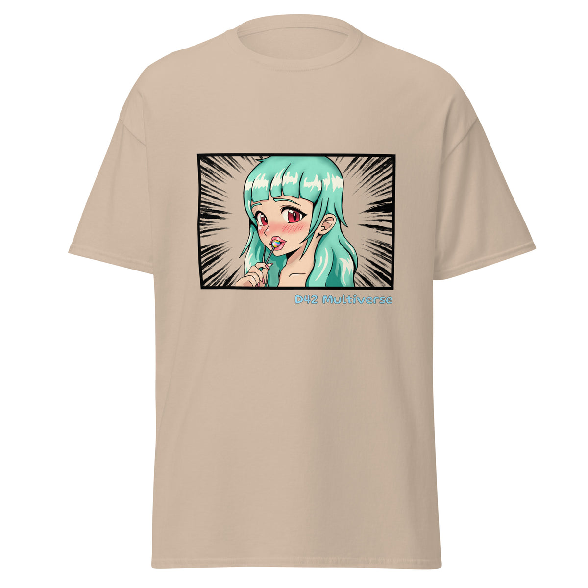 D42 T-Shirt mit farbigem Anime-Lolligirl-Motiv einer türkishaarigen Manga-Figur, schwarzemManga-Hintergrund und D42 Multiverse Schriftzug sand