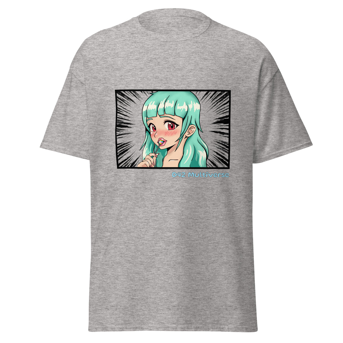 D42 T-Shirt mit farbigem Anime-Lolligirl-Motiv einer türkishaarigen Manga-Figur, schwarzemManga-Hintergrund und D42 Multiverse Schriftzug grau