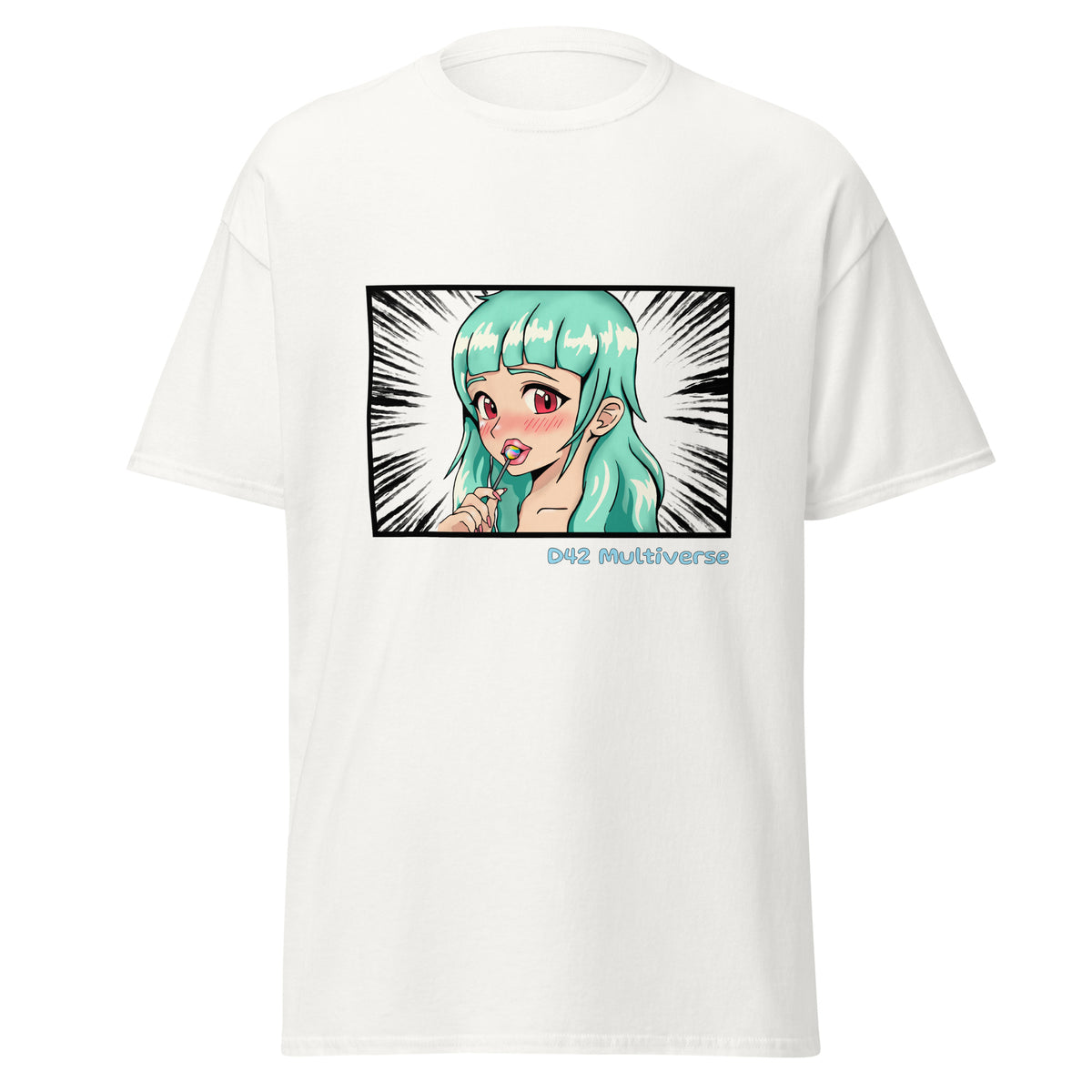 D42 T-Shirt mit farbigem Anime-Lolligirl-Motiv einer türkishaarigen Manga-Figur, schwarzemManga-Hintergrund und D42 Multiverse Schriftzug weiß