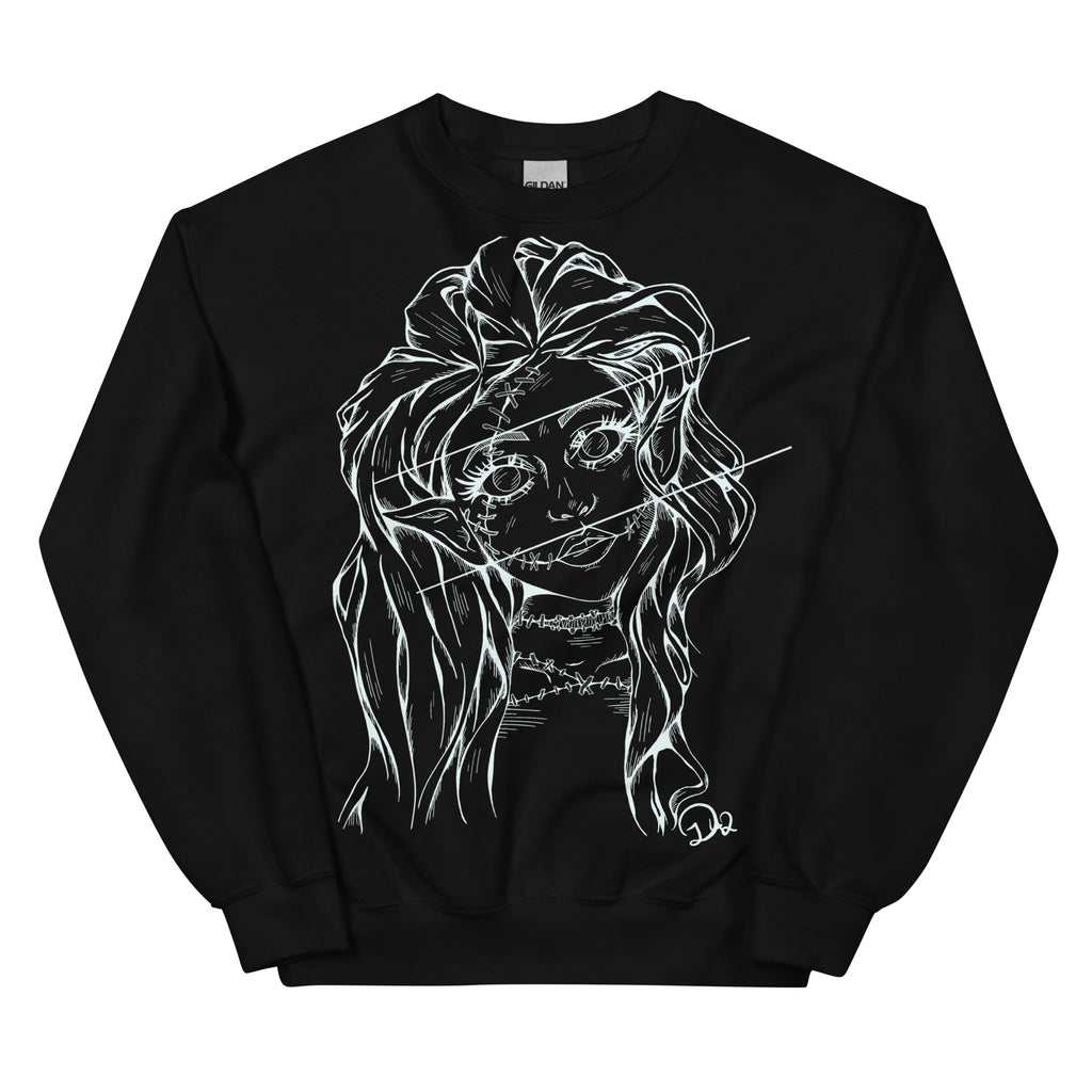 D42 Pullover mit großer weißer Linienillustration einer Elfenfigur mit langen Haaren und rissartig durchzogenem Gesicht auf der Vorderseite schwarz