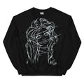 D42 Pullover mit großer weißer Linienillustration einer Elfenfigur mit langen Haaren und rissartig durchzogenem Gesicht auf der Vorderseite schwarz