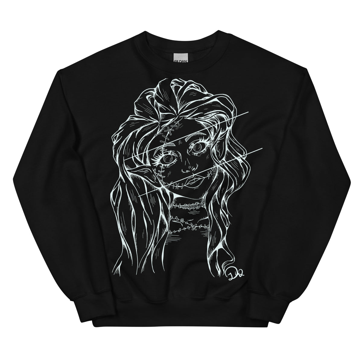 D42 Pullover mit großer weißer Linienillustration einer Elfenfigur mit langen Haaren und rissartig durchzogenem Gesicht auf der Vorderseite schwarz