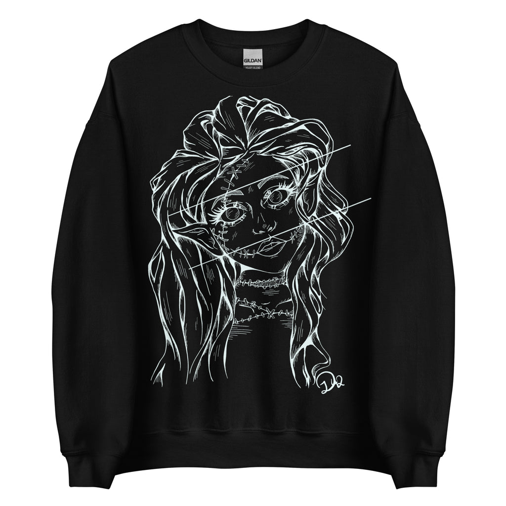 D42 Pullover mit großer weißer Linienillustration einer Elfenfigur mit langen Haaren und rissartig durchzogenem Gesicht auf der Vorderseite schwarz lang