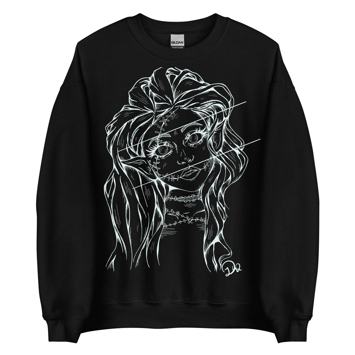 D42 Pullover mit großer weißer Linienillustration einer Elfenfigur mit langen Haaren und rissartig durchzogenem Gesicht auf der Vorderseite schwarz lang