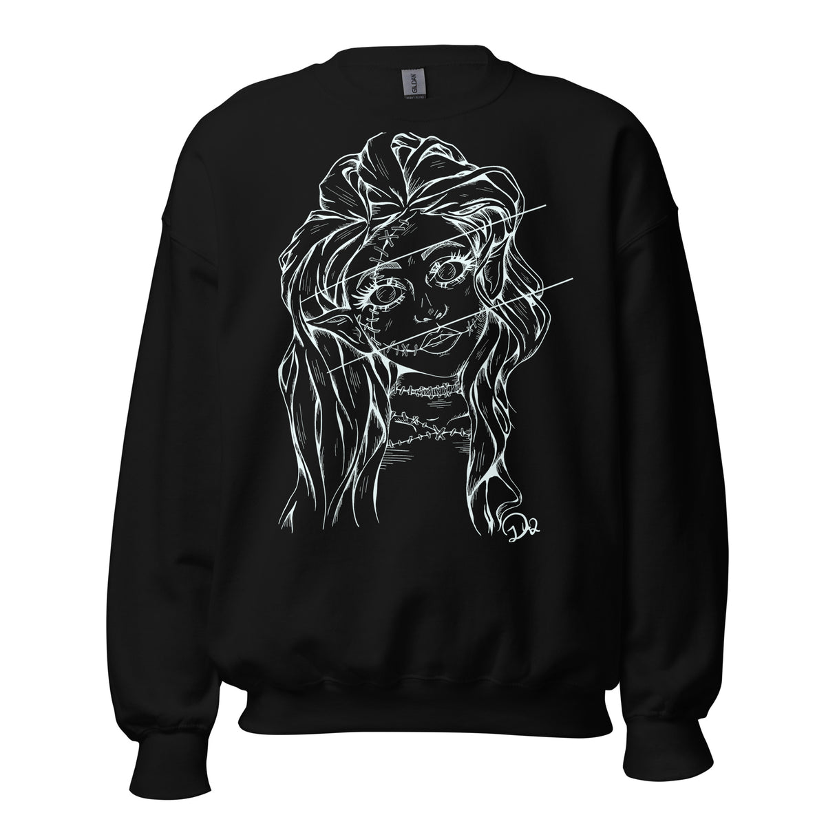 D42 Pullover mit großer weißer Linienillustration einer Elfenfigur mit langen Haaren und rissartig durchzogenem Gesicht auf der Vorderseite schwarz getragen