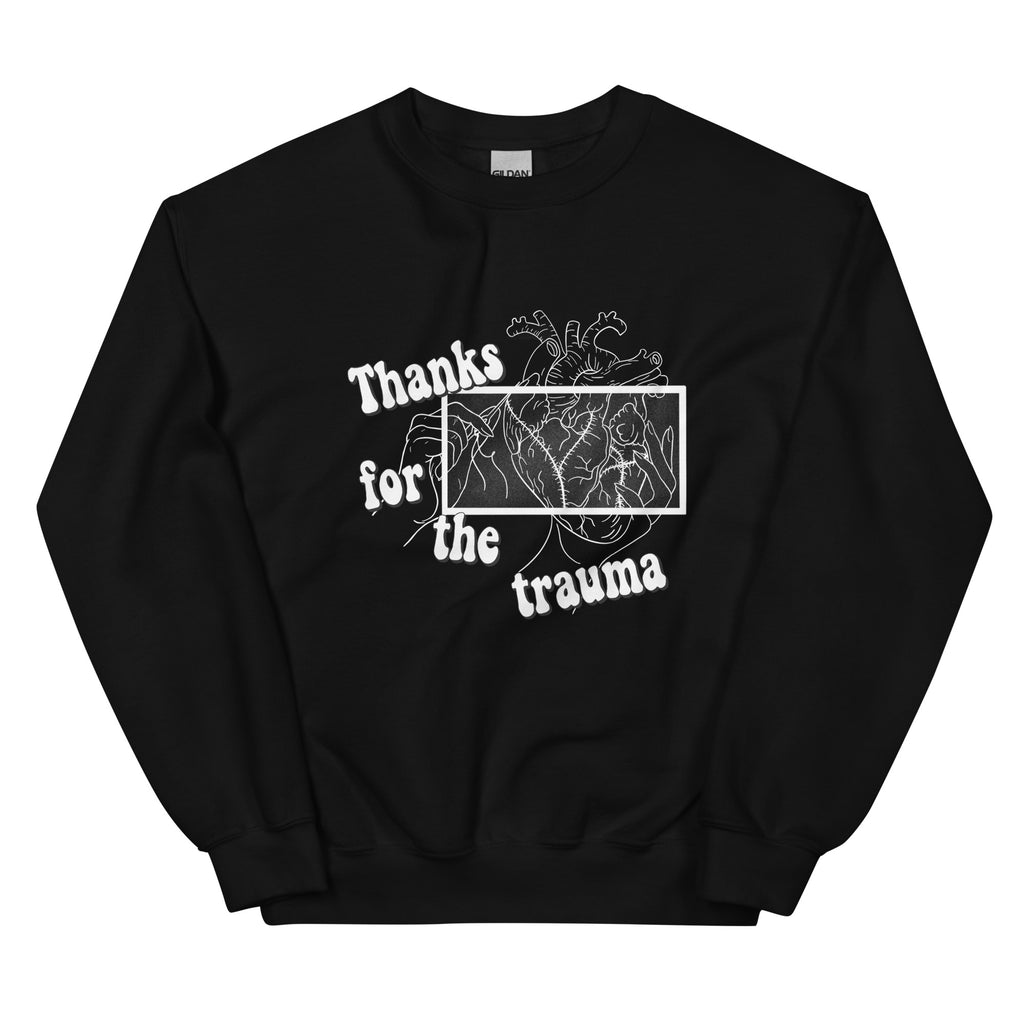 D42 Sweatshirt mit anatomischer Herzillustration und weißem „Thanks for the trauma“-Schriftzug auf der Vorderseite schwarz