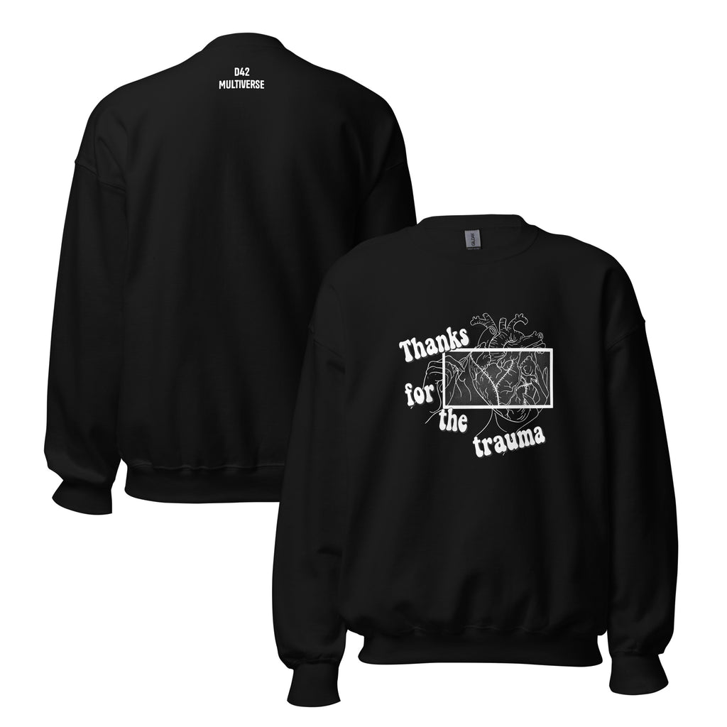 D42 Sweatshirt mit anatomischer Herzillustration und weißem „Thanks for the trauma“-Schriftzug auf der Vorderseite - Rückseite mit Logo Schriftzug Beide Seiten schwarz