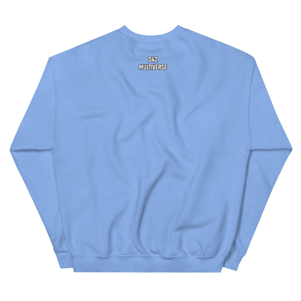 D42 Sweatshirt mit anatomischer Herzillustration und weißem „Thanks for the trauma“-Schriftzug auf der Vorderseite - Rückseite mit Logo Schriftzug hellblau