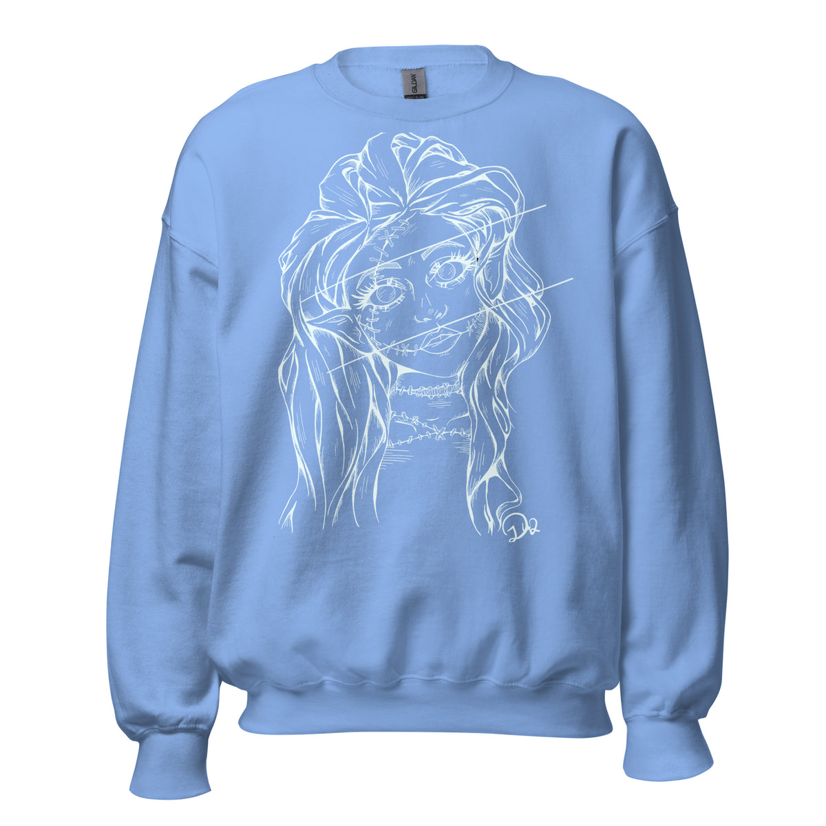 D42 Pullover mit großer weißer Linienillustration einer Elfenfigur mit langen Haaren und rissartig durchzogenem Gesicht auf der Vorderseite hellblau getragen
