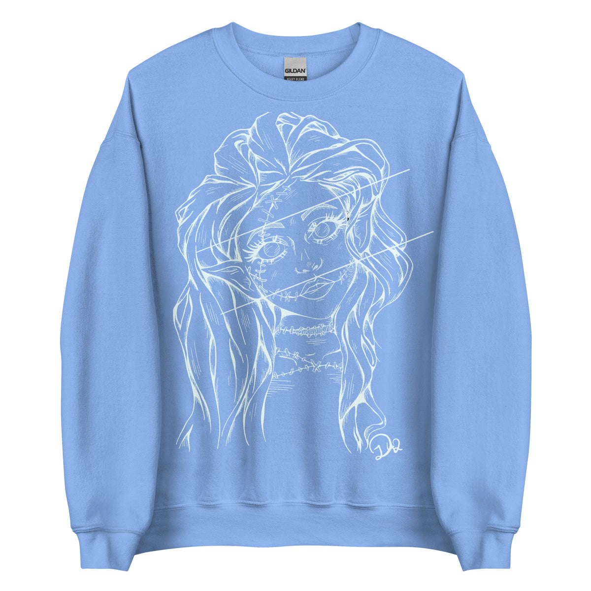 D42 Pullover mit großer weißer Linienillustration einer Elfenfigur mit langen Haaren und rissartig durchzogenem Gesicht auf der Vorderseite hellblau lang