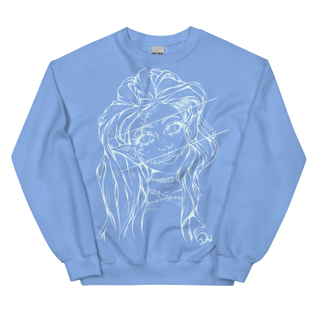 D42 Pullover mit großer weißer Linienillustration einer Elfenfigur mit langen Haaren und rissartig durchzogenem Gesicht auf der Vorderseite hellblau