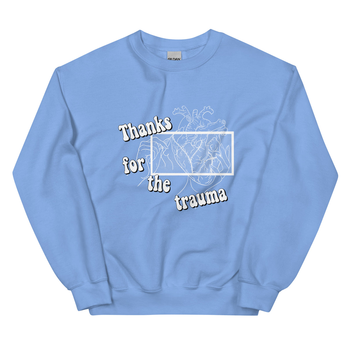 D42 Sweatshirt mit anatomischer Herzillustration und weißem „Thanks for the trauma“-Schriftzug auf der Vorderseite hellblau