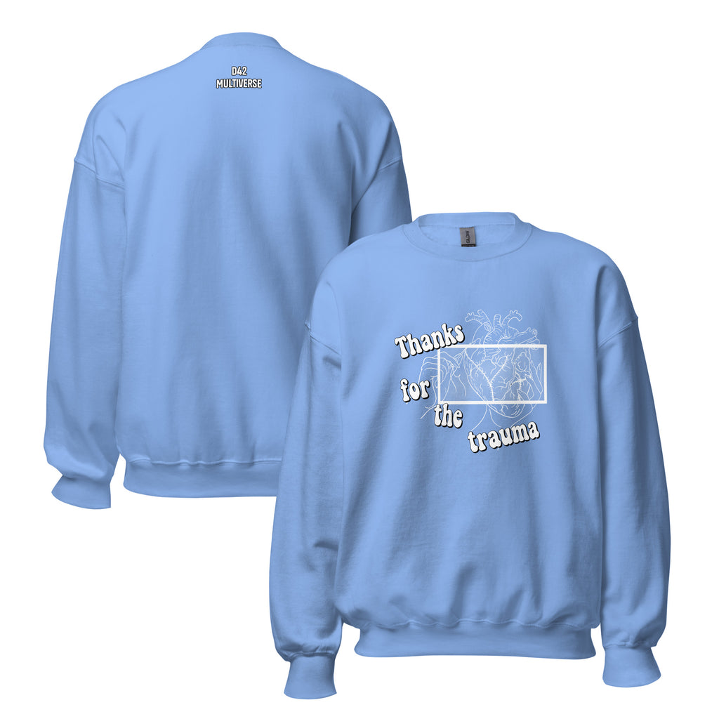 D42 Sweatshirt mit anatomischer Herzillustration und weißem „Thanks for the trauma“-Schriftzug auf der Vorderseite - Rückseite mit Logo Schriftzug Beide Seiten hellblau