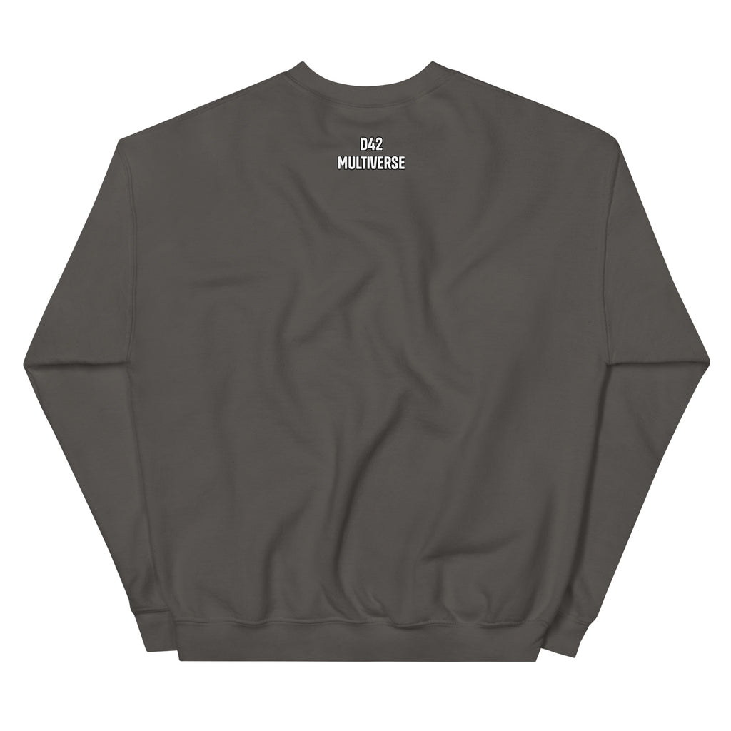 D42 Sweatshirt mit anatomischer Herzillustration und weißem „Thanks for the trauma“-Schriftzug auf der Vorderseite - Rückseite mit Logo Schriftzug charcoal