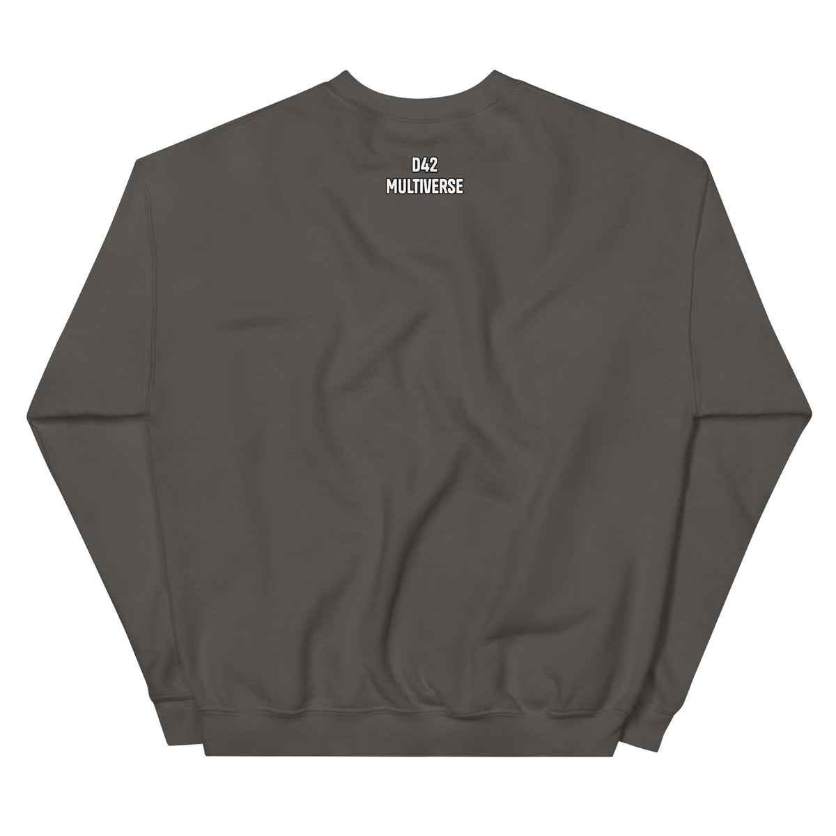 D42 Sweatshirt mit anatomischer Herzillustration und weißem „Thanks for the trauma“-Schriftzug auf der Vorderseite - Rückseite mit Logo Schriftzug charcoal