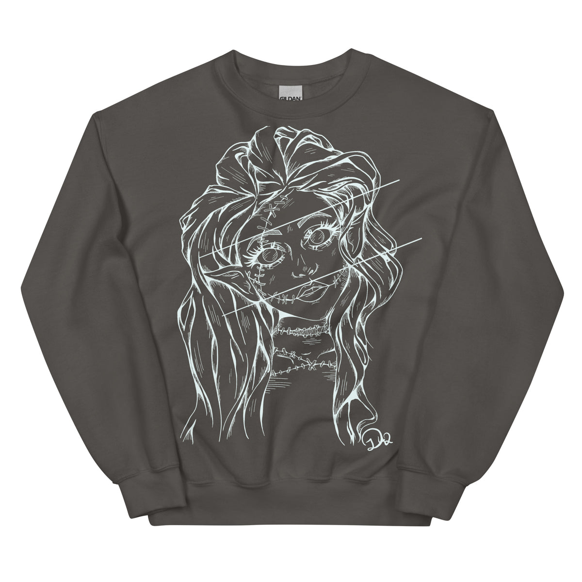 D42 Pullover mit großer weißer Linienillustration einer Elfenfigur mit langen Haaren und rissartig durchzogenem Gesicht auf der Vorderseite charcoal