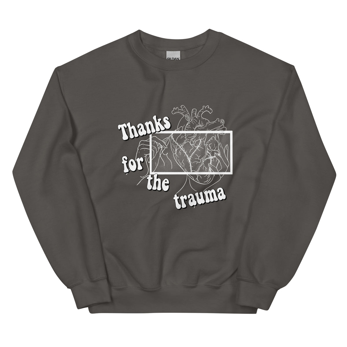 D42 Sweatshirt mit anatomischer Herzillustration und weißem „Thanks for the trauma“-Schriftzug auf der Vorderseite charcoal