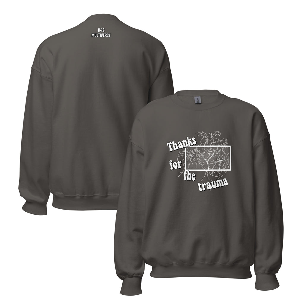 D42 Sweatshirt mit anatomischer Herzillustration und weißem „Thanks for the trauma“-Schriftzug auf der Vorderseite - Rückseite mit Logo Schriftzug Beide Seiten charcoal