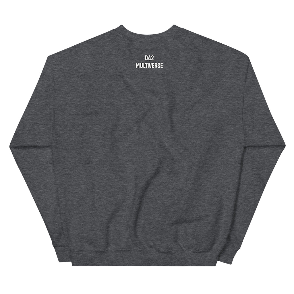 D42 Sweatshirt mit anatomischer Herzillustration und weißem „Thanks for the trauma“-Schriftzug auf der Vorderseite - Rückseite mit Logo Schriftzug dunkelgrau