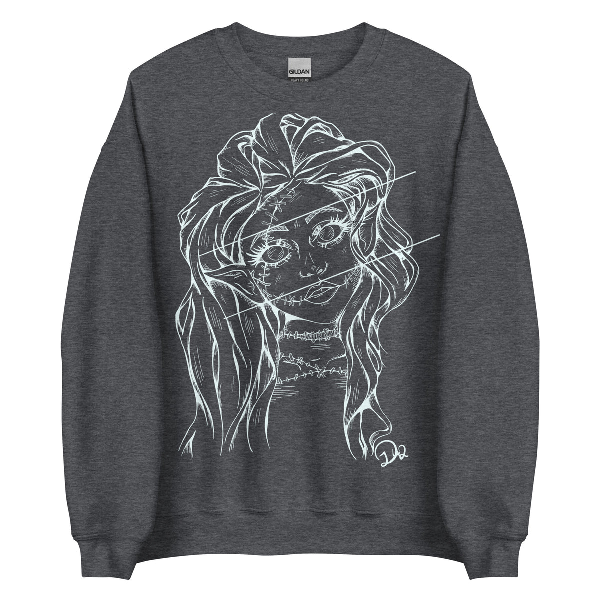 D42 Pullover mit großer weißer Linienillustration einer Elfenfigur mit langen Haaren und rissartig durchzogenem Gesicht auf der Vorderseite dunkelgrau lang