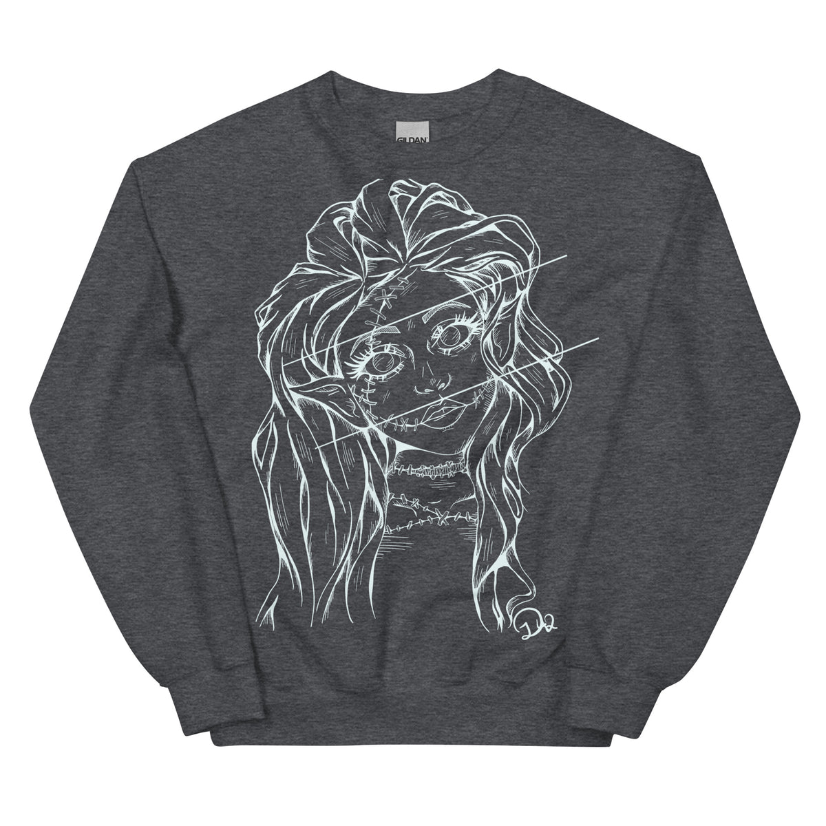 D42 Pullover mit großer weißer Linienillustration einer Elfenfigur mit langen Haaren und rissartig durchzogenem Gesicht auf der Vorderseite dunkelgrau